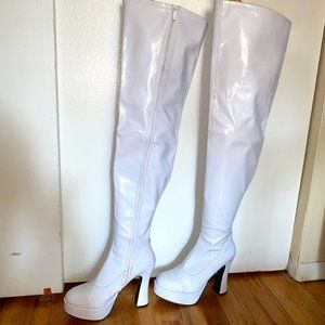 Ellie Shoes White Patent 5" Thigh High Zipper Chunky Heel Boots